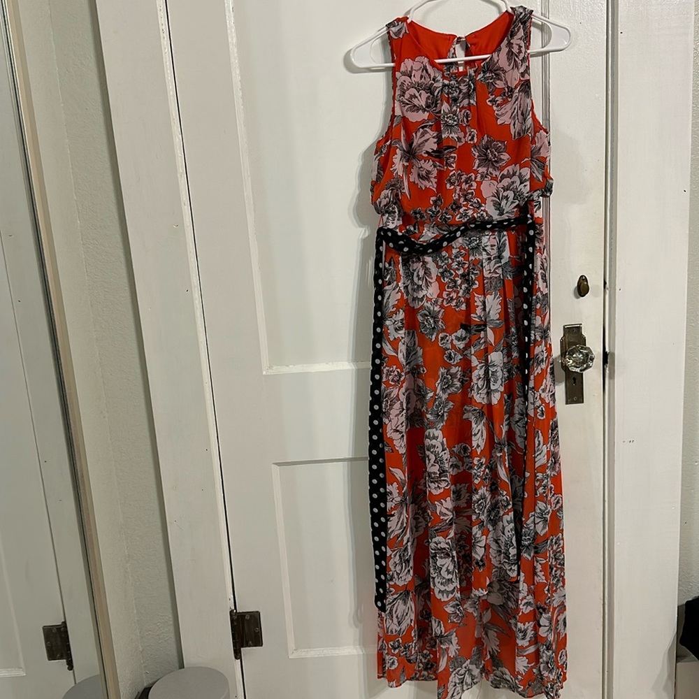 Shelby & Palmer maxi dress. Orange with black and white flowers. Size 6